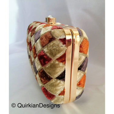 Gold Hard Body Box Clutch Bag With Diamante Clasp, Brown, Green And Grey Velvet Fabric Covered Purse